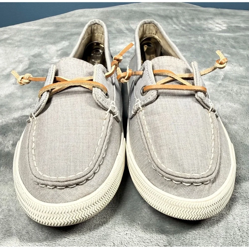 Sperry Boat Shoes Womens 8.5 Gray Canvas Leather Lace Slip On Casual